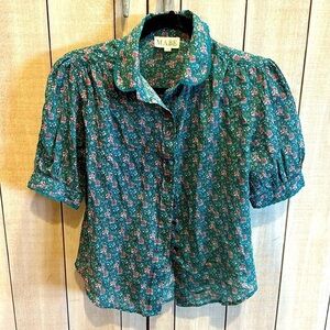 M.A.B.E green floral knit trim short sleeve cotton button down shirt XS